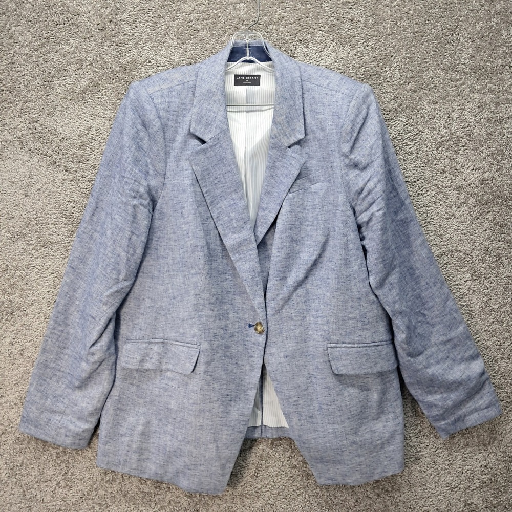 Lane Bryant Women 20 Blue Linen Blend Single Button Pinstripe Lined Blazer